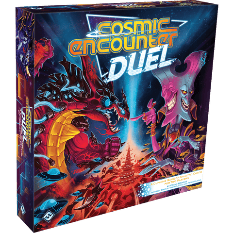 The image displays the vibrant box for Fantasy Flight Games’ Cosmic Encounter Duel, a two-player game where two alien species—one dragon-like and one purple with tentacles—compete in a cosmic outer-space showdown.