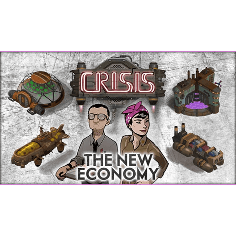 Illustration with “CRISIS: THE NEW ECONOMY” text, two cartoon characters, and industrial buildings—ideal for fans of LudiCreations’ Crisis: The New Economy Expansion DE, including optional German rules. Perfect for board game expansions.