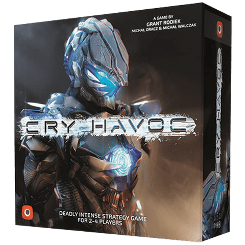 The box for Cry Havoc by Portal Games depicts a futuristic armored robot with glowing blue lights and the title on the front. It notes this is an area control war game for 2–4 players.
