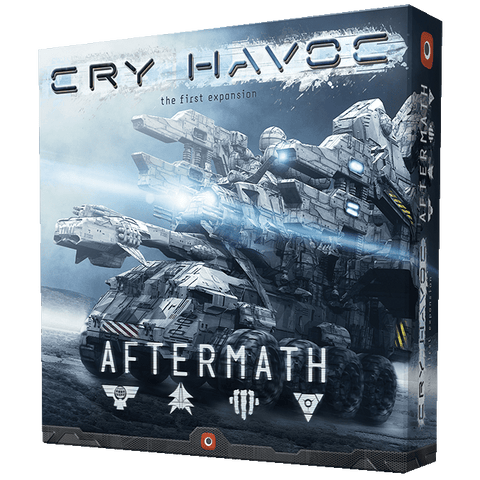 A game box for Cry Havoc Aftermath by Portal Games shows a futuristic armored vehicle in a snowy, industrial scene. The title appears above in bold metallic letters, with four faction symbols below the word “Aftermath.”.