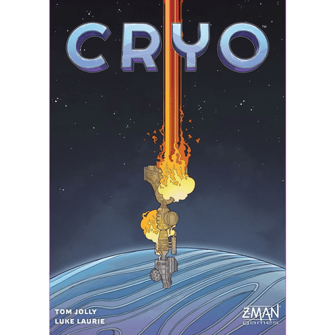 The Cryo board game by Z-Man Games features a cover with a flaming spacecraft crashing onto a blue planet, the bold metallic CRYO title above, and creators’ names below—hinting at thrilling worker placement and engine-building gameplay.
