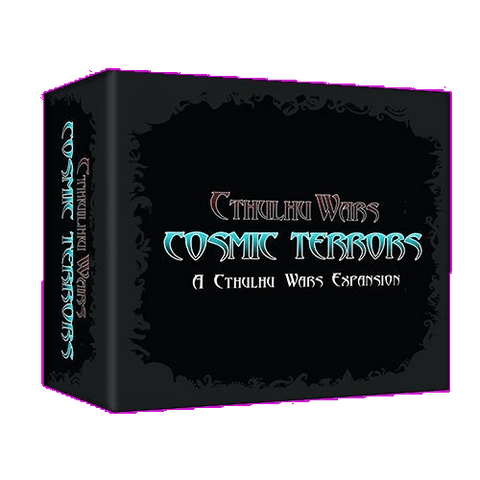 A game box titled Cthulhu Wars: Cosmic Terrors Pack by Petersen Games features stylized fonts on a dark background, ornate borders, side text, and suggests the presence of powerful neutral monsters inside.