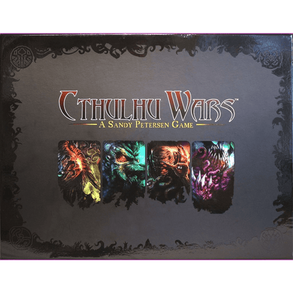 The box cover of Cthulhu Wars by Petersen Games features dark, ornate borders and four colorful illustrations of monstrous creatures from the Cthulhu mythos below the title.