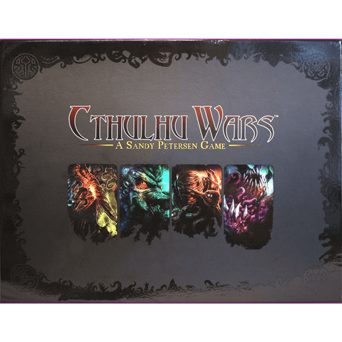 The box cover of Cthulhu Wars by Petersen Games features dark, ornate borders and four colorful illustrations of monstrous creatures from the Cthulhu mythos below the title.