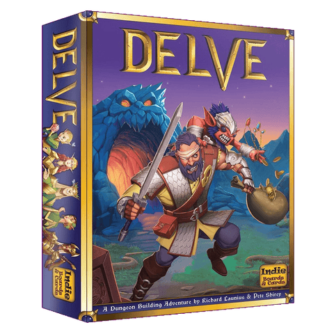 The Delve box art from Indie Boards & Cards features an armored dwarf with an axe and torch, a goblin jumping with cards behind him, and a glowing-eyed dragon in Skull Cavern, all set against fantasy scenery.