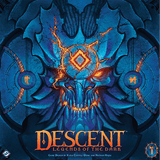 A glowing cracked stone skull with runes and blue energy stands out on Fantasy Flight Games' Descent: Legends of the Dark, a dungeon-crawling board game set in Terrinoth. The title appears below in bold orange text.
