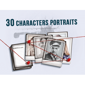 A cluster of overlapping character portraits linked by red string, including a uniformed man and a notepad marked “Materials,” sits beneath the “30 Characters Portraits” title. Product: Detective: A Modern Crime Game - Character Portraits Expansion by Portal Games.