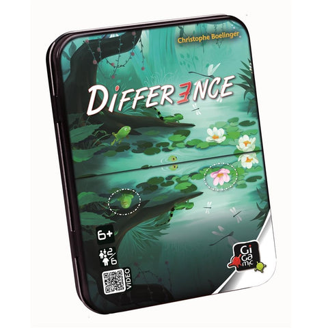The Gigamic Difference game comes in a green metal box with a pond, lily pads, and turtles design. The box highlights the number 7 in red. This spot-the-differences game is for ages 6 and up.