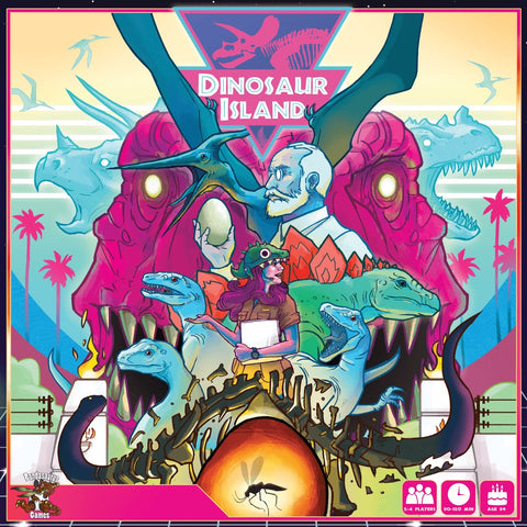Colorful illustration of a woman in a dinosaur hat, surrounded by dinosaurs and amber-encased mosquito, with a neon "Dinosaur Island" sign above—capturing the adventure of Pandasaurus Games’ Dinosaur Island board game.