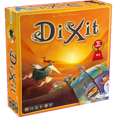The image shows the colorful Dixit box by Asmodee, featuring imaginative artwork with a flying ship, fantasy scenes, the game’s name, and a red Spiel des Jahres 2010 award badge.
