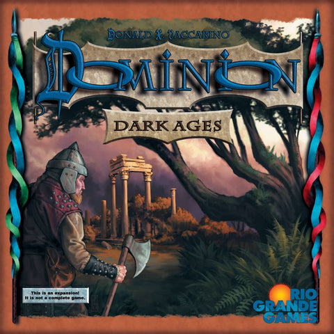 The Dominion: Dark Ages Expansion cover by Rio Grande Games features an armored man with an axe walking through a plague-ridden, overgrown landscape and ancient ruins. The title is at the top, with the Rio Grande Games logo in the corner.