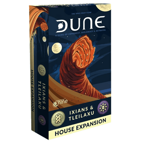 Box for Gale Force Nine’s Dune: Ixians & Tleilaxu House Expansion, depicting a giant sandworm in the desert under an illuminated sky with moons and stars.