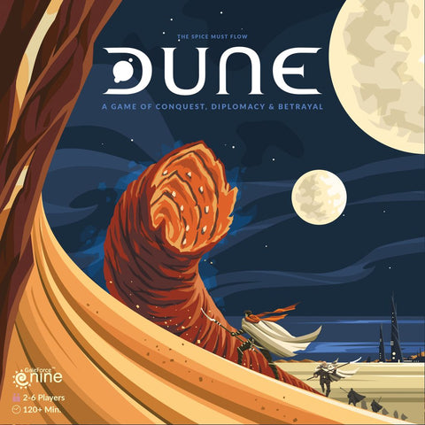 A giant sandworm rises beside two robed figures in the desert, under two moons above a futuristic city. Text: "Dune board game" by Gale Force Nine, inspired by Frank Herbert’s epic saga of conquest and betrayal.