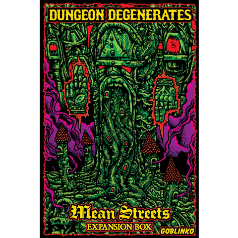 The colorful, psychedelic cover art for Goblinko's Dungeon Degenerates: Mean Streets Expansion shows a monstrous green tower with faces and hands surrounded by surreal red and purple mushroom-like buildings.