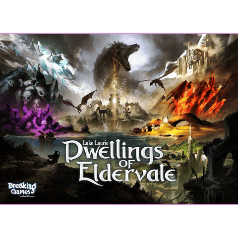 A fantasy landscape with a giant dragon, castles, volcano, snowy mountains, glowing crystals, and mythical creatures surrounds the centered title "Dwellings of Eldervale: Standard Second Edition," along with Breaking Games!, Luke Laurie, and worker placement game.