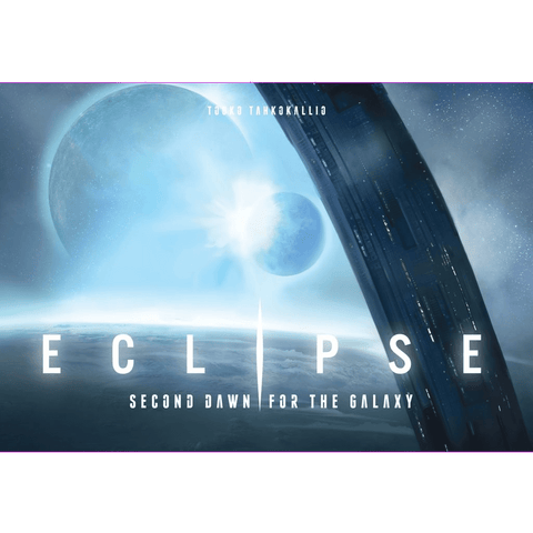 A cosmic scene shows a large spaceship orbiting a planet with a moon crossing a bright sun. At the top, "Eclipse: Second Dawn for the Galaxy" and "Lautapelit" appear, evoking interstellar civilization strategy gameplay.