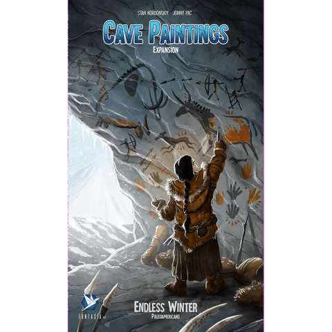 A person in fur clothing draws prehistoric animal and handprint art on a cave wall, showcasing the Endless Winter: Cave Paintings Expansion by Fantasia Games.