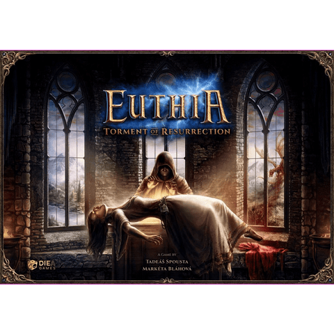 A hooded figure stands over a woman on an altar in a gothic hall with stained glass windows. Euthia: Torment of Resurrection (Kickstarter Edition-Legendary Pledge Tier 2) by DIEA Games offers mystical, dramatic open-world fantasy.