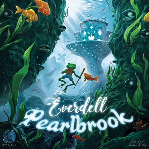 A frog wielding a spear and an orange fish swim underwater toward a glowing blue dome, surrounded by green plants and other orange fish. The text “Everdell: Pearlbrook Expansion” and the Game Salute brand are featured.