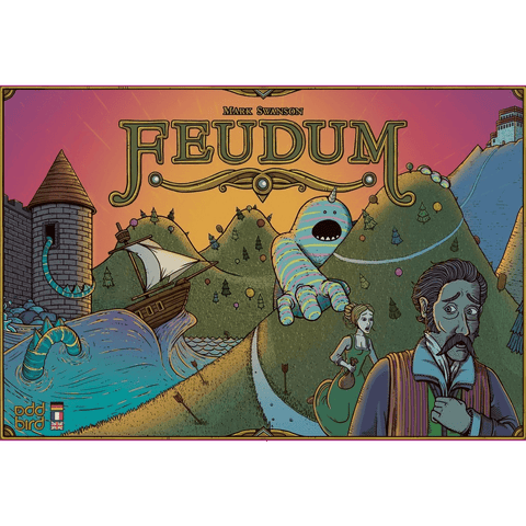 Vibrant board game cover for Feudum by Odd Bird Games, a medieval hand and resource management game, displaying hills, a giant monster, a ship on a huge wave, a castle, and three characters against a sunset backdrop.