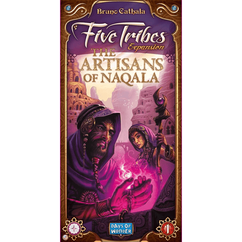 Box cover for Days of Wonder’s Five Tribes: The Artisans of Naqala Expansion features two robed figures in a colorful Middle Eastern-inspired city, one with glowing magical items. Vivid artwork represents this Five Tribes expansion.