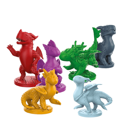 Six vibrant Flamecraft: Artisan Dragon Miniatures by Lucky Duck Games—red, purple, green, dark blue, yellow, and light blue—each with unique poses and textures, ideal for upgrading your Flamecraft game.