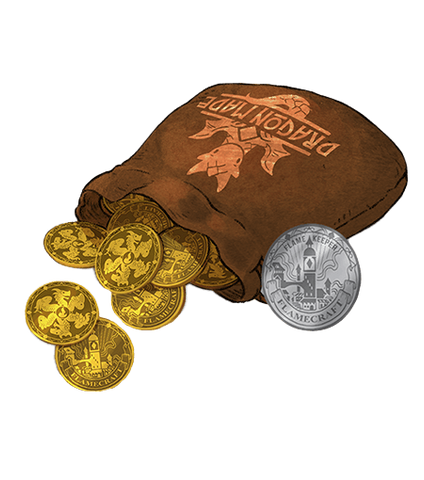 A brown pouch labeled DRAGON KEEPER spills out Flamecraft: Metal Coins by Lucky Duck Games, including several fantasy-themed metal coins and one silver coin for a magical upgrade to your game.