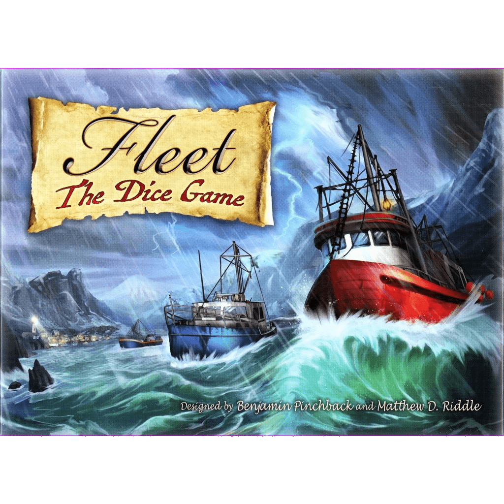 Two fishing boats brave stormy seas by icy peaks under a dramatic sky, as the Fleet: The Dice Game (Second Edition) title from Eagle-Gryphon Games appears on a parchment-style banner at the top left.