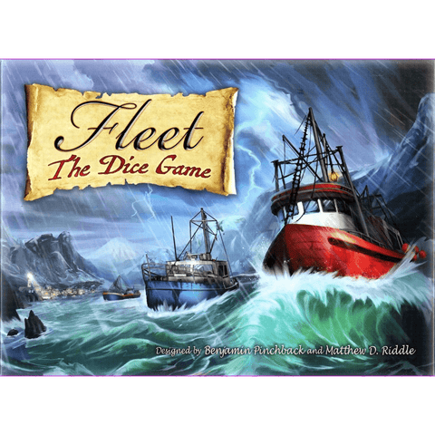Two fishing boats brave stormy seas by icy peaks under a dramatic sky, as the Fleet: The Dice Game (Second Edition) title from Eagle-Gryphon Games appears on a parchment-style banner at the top left.