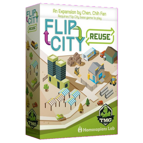 Box cover of Flip City Reuse by Tasty Minstrel Games, showing construction, recycling, and community scenes with new buildings, plus the game title and publisher info displayed prominently.
