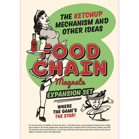 Box cover for Splotter Spellen’s Food Chain Magnate: The Ketchup Mechanism & Other Ideas features a retro woman with a tray of ketchup, a smiling cartoon bowl, and green and red text highlighting new game mechanics in the board game expansion.