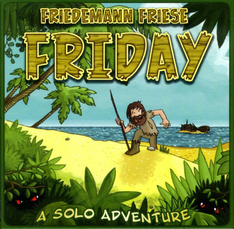 Illustrated cover of Friday by Rio Grande Games shows a bearded man with a stick on a beach, surrounded by jungle plants and a shipwreck. Text: Friday, A Robinson Crusoe-inspired solo adventure.