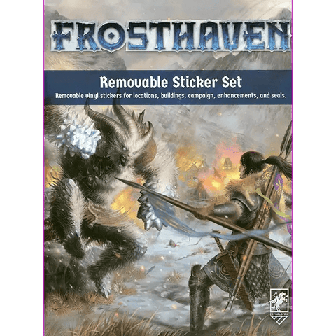 Cover of the Cephalofair Games Frosthaven: Removable Sticker Set shows a snowy village battle between a furry beast and an armored archer. The text highlights these removable stickers as essential board game accessories.