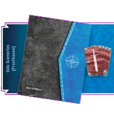 A Frosthaven: Solo Scenarios Expansion booklet by Cephalofair Games sits on a blue background beside a red, shield-shaped game piece, suggesting exclusive scenario challenges and item rewards for various classes.