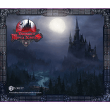 A gothic castle crowns a misty hill beneath a full moon in Krasvetelia, ringed by shadowy forests and a winding river. Ornate patterns frame the image, with HEXplore It: The Domain of Mirza Noctis (Damaged) by Mariucci J. Designs in red text.