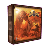 Box for HEXplore It: The Sands of Shurax (Damaged) by Mariucci J. Designs, showing a giant sandworm-like creature and a cloaked figure in a vivid orange-yellow fantasy desert. Part of the acclaimed HEXplore It series.