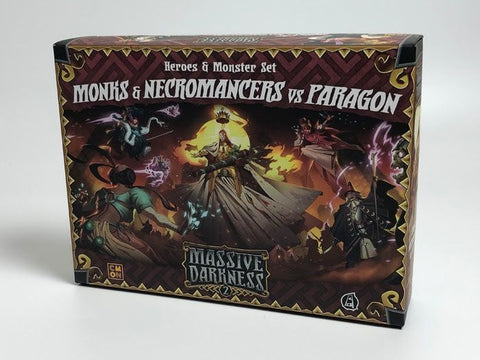 The Cool Mini Or Not Massive Darkness 2: Heroes & Monster Set – Monks & Necromancers vs The Paragon Expansion box showcases fantasy monks, necromancers, and a central magical hero in a dark, ornate design for an epic adventure.