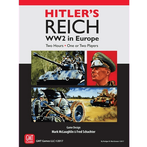 The cover of Hitler’s Reich by GMT Games displays illustrated WWII tanks, soldiers, and a German officer in panels with bold red, black, and white text on a gray background.