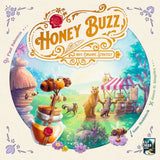 The Honey Buzz board game by Elf Creek Games features a vibrant cover with a bear, raccoon, and fox at a honey stand. In this worker bee placement game, honeycomb tiles, jars, and wildflowers surround the title on top.