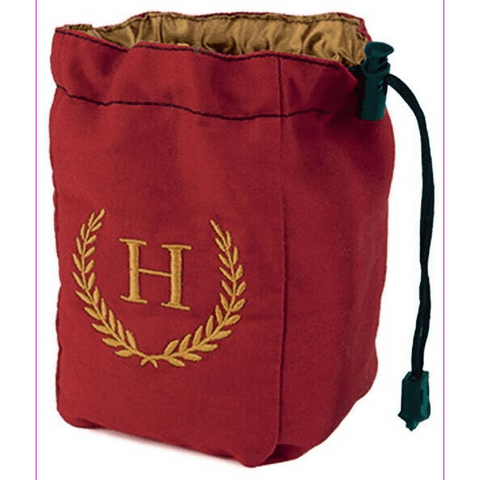 The Hoplomachus – Premium Chip Bag by Chip Theory Games is a red drawstring bag with gold lining and an embroidered gold H laurel crest—an elegant upgrade for any Hoplomachus collection.