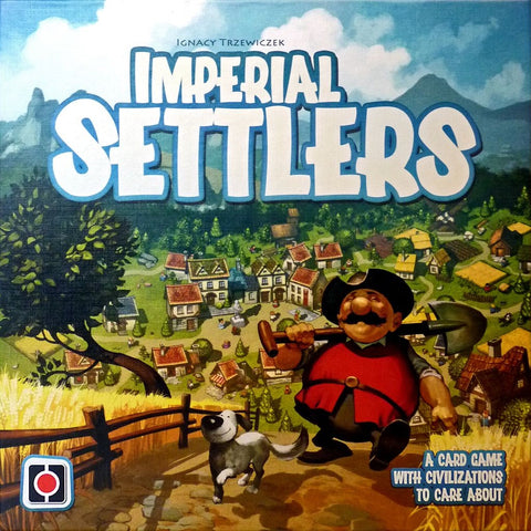 The cover of Portal Games’ Imperial Settlers features a cheerful cartoon settler with a shovel and a dog, standing on a hill overlooking a vibrant village, with the game’s title displayed above.