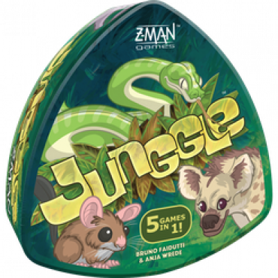 A triangular Junggle board game box from Z-Man Games shows a green snake, brown mouse, and spotted hyena. The box highlights "5 mini games in 1!" and features the Z-Man Games logo.