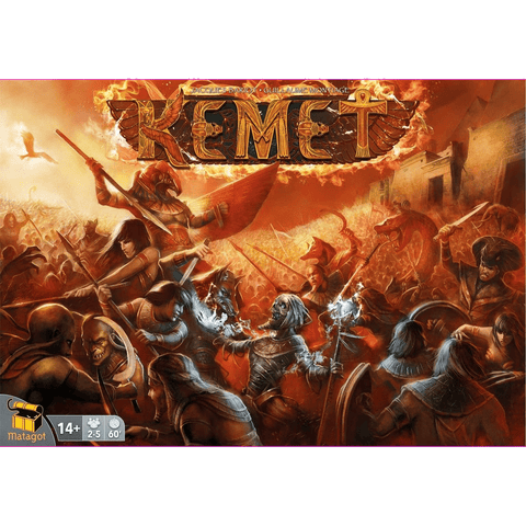 The board game cover for "Kemet" by Matagot features an intense Egyptian battle scene with armored warriors, mythical beasts, mystical powers, and fiery imagery. The game's title is displayed at the top in bold, golden letters.
