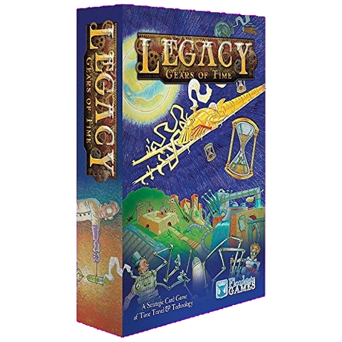 The image shows the box for Legacy: Gears of Time by Floodgate Games, a time travel board game with vibrant cover art featuring gears, an hourglass, abstract machines, and a bright sun.