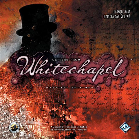 Board game box cover for Giochix's Letters from Whitechapel shows a dark silhouette of a man in a top hat against a red background with handwritten letters and splatters, evoking Victorian-era Jack the Ripper mystery.