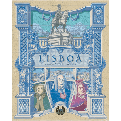 Lisboa Deluxe Edition board game cover by Eagle-Gryphon Games features ornate blue illustrations, a horse-mounted statue, three framed historical figures, and detailed architecture evoking Lisbon’s classical Portuguese reconstruction.