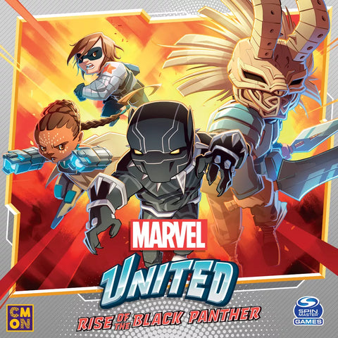 Three animated Marvel superheroes, led by Black Panther, dash forward with determined looks. Behind him are Shuri, Winter Soldier, and a masked warrior. Marvel United: Rise of the Black Panther Expansion by Cool Mini Or Not—a thrilling Wakanda board game!.