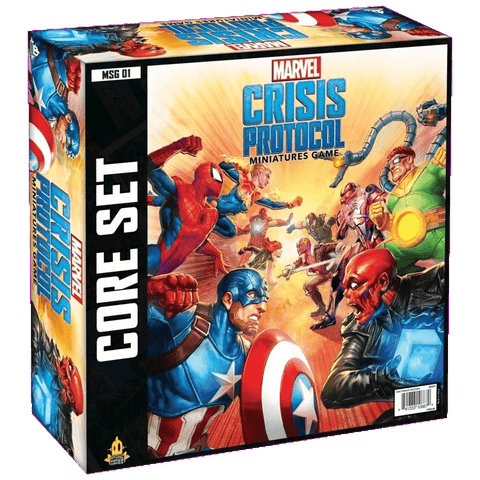 Box for the Marvel Crisis Protocol Core Set by Atomic Mass Games, showcasing Marvel heroes and villains like Captain America, Iron Man, Spider-Man, Red Skull, and Ultron in an action-packed scene.