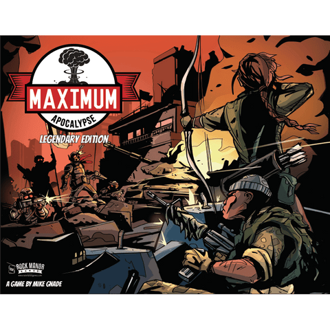 Comic-style art shows survivors fighting monsters in a ruined city, led by a woman with a bow, under a nuclear explosion logo. Features the cooperative adventure game Maximum Apocalypse: Legendary Edition from Rock Manor Games.
