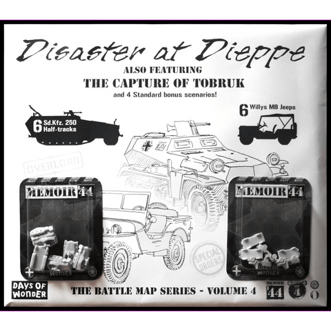 Game box cover for Days of Wonder's Memoir '44: Disaster at Dieppe Expansion, showing two packs of plastic game pieces and illustrated military vehicles such as a half-track and all-terrain jeeps.